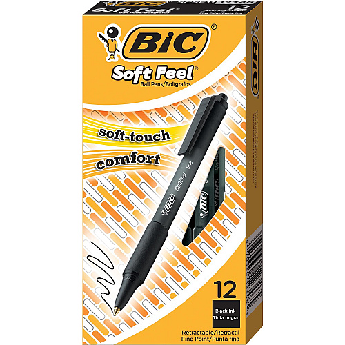 BIC SoftFeel Retractable Ball Pens Fine Pen Point - Retractable - Black Ink - Black Rubber Barrel - 1 Dozen (SCSF11BK)