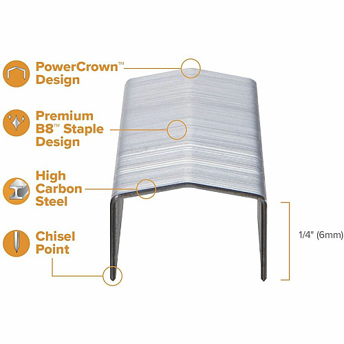 Bostitch PowerCrown Premium Staples 1/4" Leg - 1/2" Crown - Chisel Point - Silver - High Carbon Steel - 1.1" Height x 0.5" Width x 0.3" Length - 210 Per Strip - 5000 / Box (STCR211514)