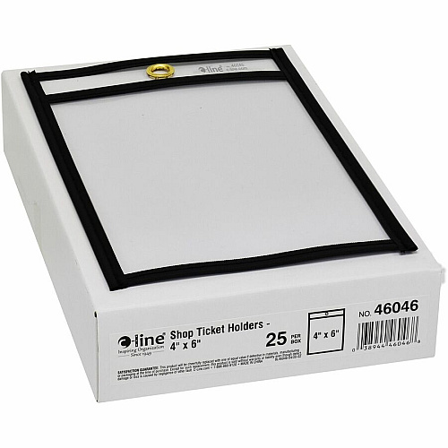 C-Line Shop Ticket Holders, Stitched Support 4" x 6" Media - Vinyl - Clear, Black - Sturdy - 25 / Box (46046)