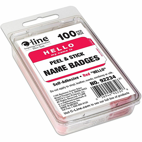 C-Line HELLO my name is... Name Tags Hello My Name Is - 3 1/2" Width x 2 1/4" Length - Rectangle - Red - 100 / Box (92234)