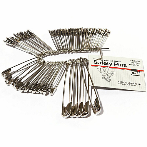 Charles Leonard Safety Pins Assorted Sizes - Nickel Plated - 50 / Pack (83450)