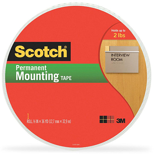 Scotch Double-Coated Foam Mounting Tape 36 yd Length x 0.50" Width x 62.5 mil Thickness - 1" Core - White - Polyurethane - Long Lasting, Temperature Resistant - For Mounting - 1 Roll (401612)