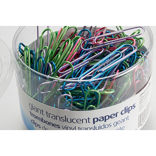 Officemate Giant Translucent Vinyl Paper Clips Jumbo - 2" Length x 0.5" Width - Blue, Red, Green, Silver, Purple - Vinyl - 200 / Pack (97212)
