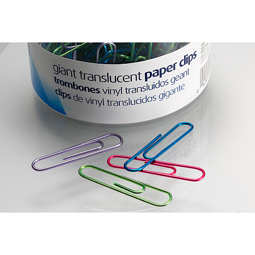 Officemate Giant Translucent Vinyl Paper Clips Jumbo - 2" Length x 0.5" Width - Blue, Red, Green, Silver, Purple - Vinyl - 200 / Pack (97212)
