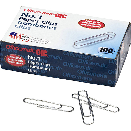 Officemate #1 Non-skid Paper Clips No. 1 - 1.8" Length x 0.5" Width - Non-skid - Silver - Steel - 100/Box - 10 / Pack (99912)