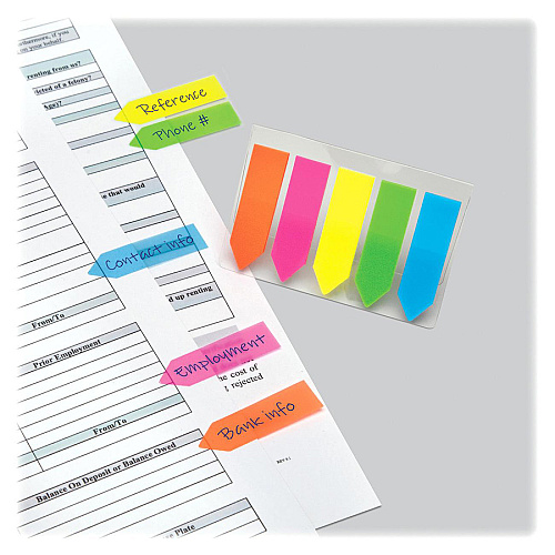 Redi-Tag Plain Write-on Arrow Flags in Holder 25 x Neon Blue, 25 x Lime, 25 x Lemon, 25 x Pink, 25 x Tangerine - 29/64" Flag/Note Width x 1 3/4" Flag/Note Length - Arrow - Assorted - Removable, See-through, Self-adhesive - Dispenser Included - 125 (31118)