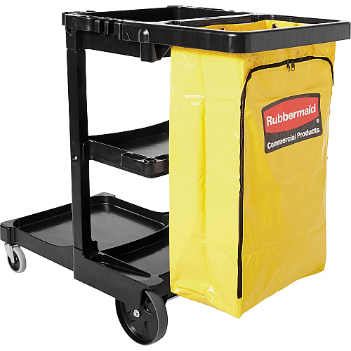 Rubbermaid Commercial Janitor Cart With Zipper Yellow Vinyl Bag 3 Shelf - 4" , 8" Caster Size - 21.75" Width x 46" Depth x 38.38" Height - Black - 1 Each (617388)