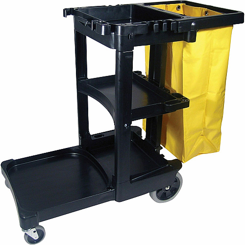 Rubbermaid Commercial Janitor Cart With Zipper Yellow Vinyl Bag 3 Shelf - 4" , 8" Caster Size - 21.75" Width x 46" Depth x 38.38" Height - Black - 1 Each (617388)