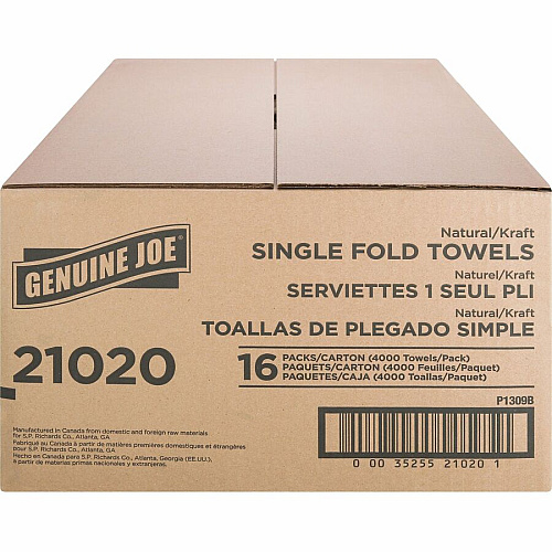Genuine Joe&reg; Single Fold Paper Towels, 1-Ply, Brown, 4000 Towels 1 Ply - 10.25" Width x 9.10" Length - Natural - 250/Pack - 16 / Carton (GJO21020)