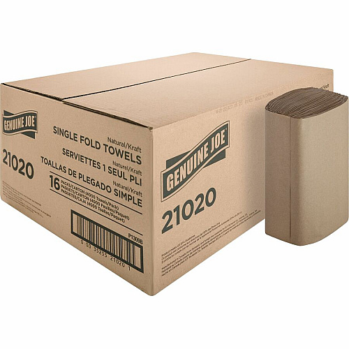 Genuine Joe&reg; Single Fold Paper Towels, 1-Ply, Brown, 4000 Towels 1 Ply - 10.25" Width x 9.10" Length - Natural - 250/Pack - 16 / Carton (GJO21020)