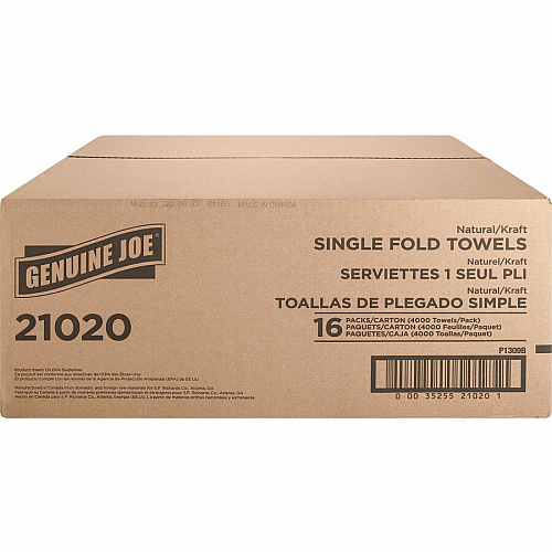 Genuine Joe&reg; Single Fold Paper Towels, 1-Ply, Brown, 4000 Towels 1 Ply - 10.25" Width x 9.10" Length - Natural - 250/Pack - 16 / Carton (GJO21020)
