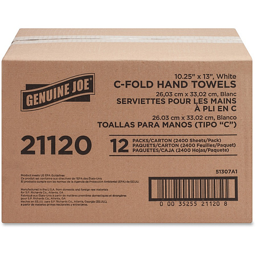 Genuine Joe&reg; C-Fold Paper Towels, 1-Ply, White, 2400 Towels 1 Ply - C-fold - 13" Width x 10" Length - White - 200/Pack - 12 / Carton (GJO21120)