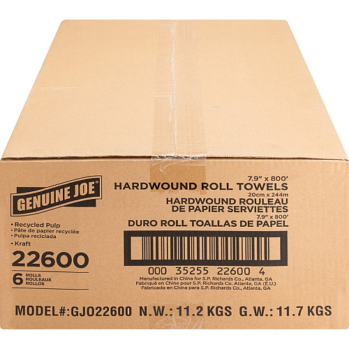 Genuine Joe Embossed Hardwound Roll Towels 7.90" Width x 800 ft Length - 2" Core - Natural - 6 / Carton (GJO22600)