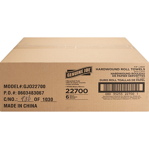 Genuine Joe Hardwound Roll Paper Towels 7.90" Width x 800 ft Length - 2" Core - White - 6 / Carton (GJO22700)