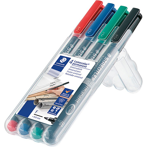 Lumocolor Quick-drying Fine Point Permanent Markers 0.6 mm Fine Marker Point - Red, Blue, Green, Black Ink - Black Polypropylene Barrel - 4 / Set (318WP4)