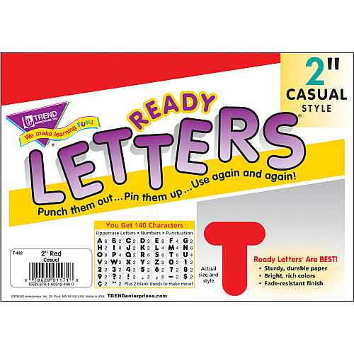 Trend Reusable 2" Ready Alphabet Letters Set 100 x Capital Letter, 20 x Punctuation Marks Shape - Casual Style - Precut - 2" Height x 9" Length - Red - Paper - 1 / Pack (T432)