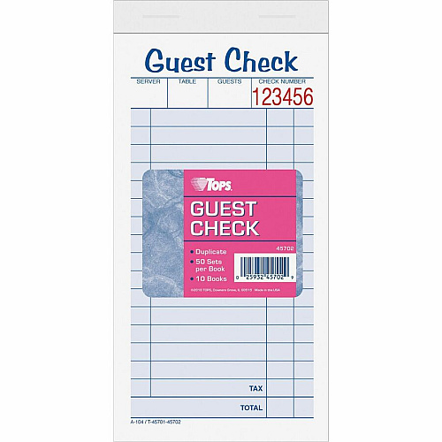 TOPS 2-part Carbonless Guest Check Books 2 Part - 3.37" x 5.50" Sheet Size - Blue, Green, Red Print Color - 10 / Pack (45702)