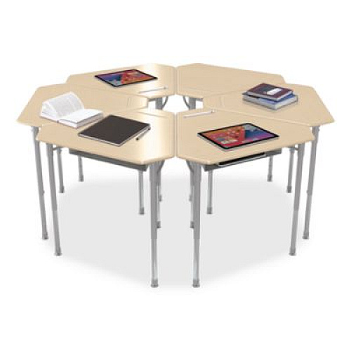 MooreCo Astute Hard Plastic Desk, 33.8" x 29.8" x 23.1" to 33.1", Fusion Maple, 2/Carton (59086)