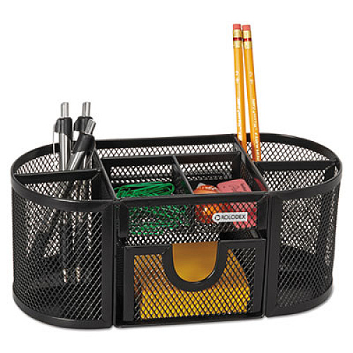 Rolodex Mesh Oval Pencil Cup Organizer, 4 Compartments, Steel, 9.38 x 4.5 x 4, Black (1746466)