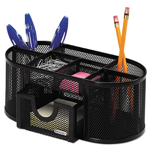 Rolodex Mesh Oval Pencil Cup Organizer, 4 Compartments, Steel, 9.38 x 4.5 x 4, Black (1746466)