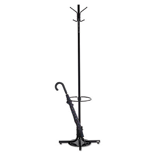 Metal Costumer with Umbrella Holder, Four Ball-Tipped Double-Hooks, 21w x 21d x 70h, Black
