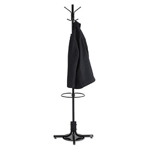 Metal Costumer with Umbrella Holder, Four Ball-Tipped Double-Hooks, 21w x 21d x 70h, Black