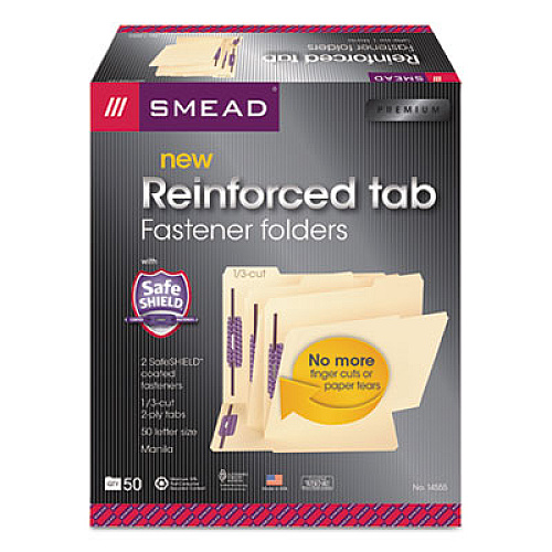 Smead Manila Fastener Folders with SafeSHIELD Coated Fasteners, 0.75" Expansion, 2 Fasteners, Legal Size, Manila Exterior, 50/Box 8 1/2" x 14" - 3/4" Expansion - 2 x 2S Fastener(s) - Top Tab Location - Assorted Tab Position - 11 pt. - 2 Plys - Man (19555)
