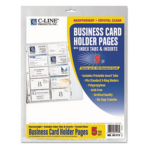 C-Line Tabbed Business Card Binder Pages, For 2 x 3.5 Cards, Clear, 20 Cards/Sheet, 5 Sheets/Pack  (61117)