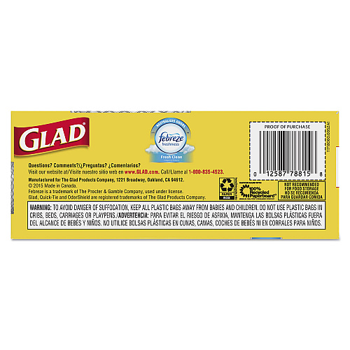 Glad OdorShield Medium Quick-Tie Trash Bags, 8 gal, 0.57 mil, 21.63 - 6 Pack