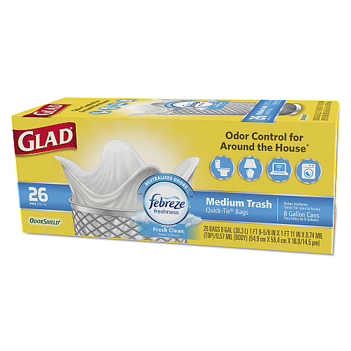 Glad OdorShield Medium Quick-Tie Trash Bags, 8 gal, 0.57 mil, 21.63 - 6 Pack