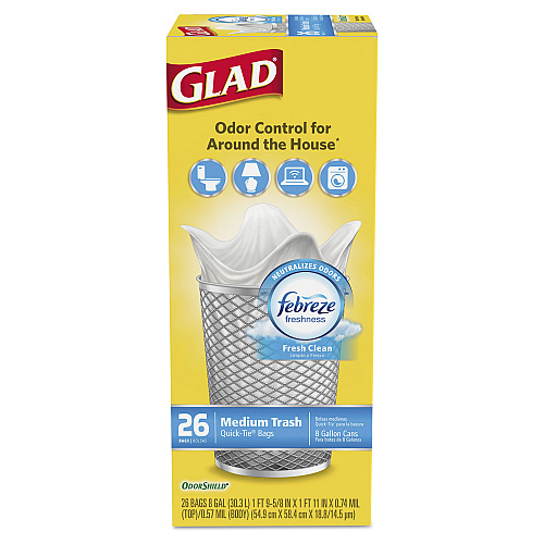 Glad OdorShield Medium Quick-Tie Trash Bags, 8 gal, 0.57 mil, 21.63 - 6 Pack