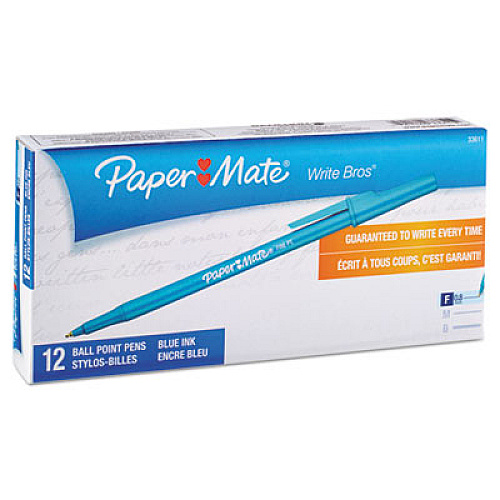 Paper Mate Write Bros. Ballpoint Pen, Stick, Fine 0.8 mm, Blue Ink, Blue Barrel, 12/Pack (3361131)