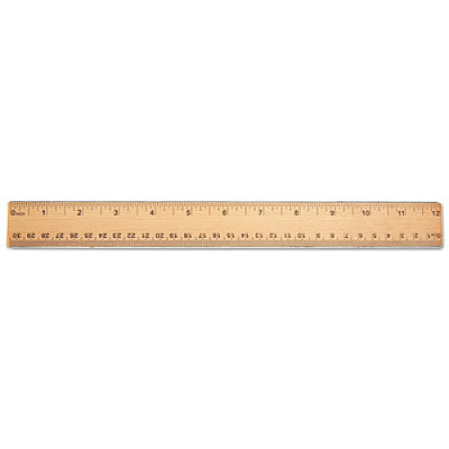 Flat Wood Ruler w/Double Metal Edge, Standard, 12" Long, Clear Lacquer Finish
