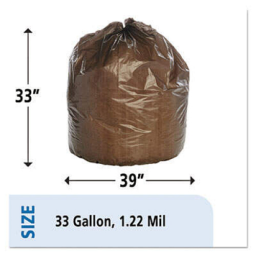 AbilityOne 8105011839769, SKILCRAFT Maximum Performance Trash Can Liner, 33 gal, 1.22 mil, 33" x 39", Brown, 125/Box