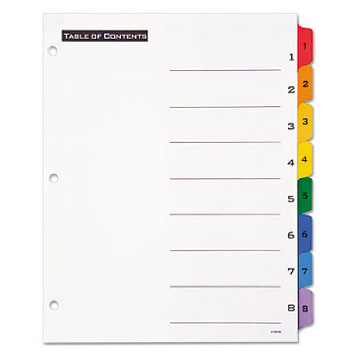 Office Essentials Table 'n Tabs Dividers, 8-Tab, 1 to 8, 11 x 8.5, White, Assorted Tabs, 1 Set (11669)
