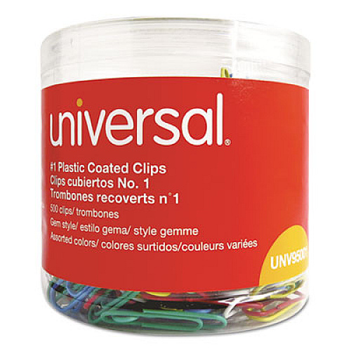 Plastic-Coated Paper Clips with One-Compartment Dispenser Tub, #1, Assorted Colors, 500/Pack