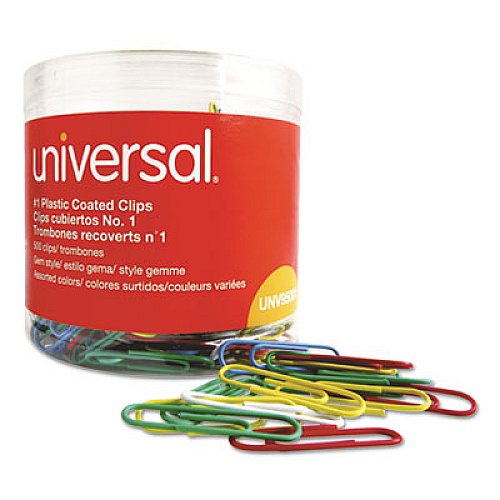 Plastic-Coated Paper Clips with One-Compartment Dispenser Tub, #1, Assorted Colors, 500/Pack