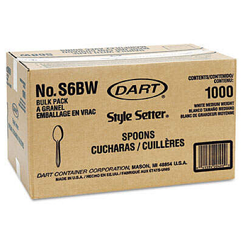 Dart Style Setter Medium-weight Plastic Cutlery Teaspoon - Disposable - White - 1000 / Carton (S6BW)