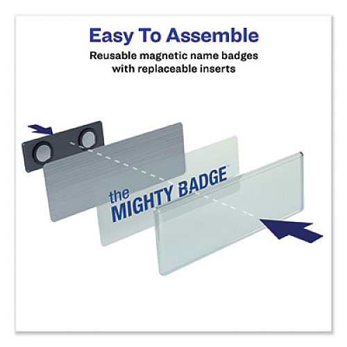 Avery The Mighty Badge Name Badge Holder Kit, Horizontal, 3 x 1, Inkjet, Silver, 4 Holders/32 Inserts (71201)