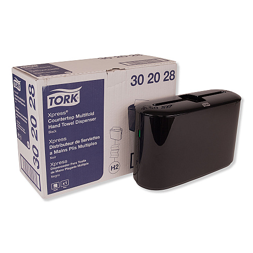 Tork Xpress Countertop Multifold Hand Towel Dispenser, Black, H2-302028 + Tork Multifold Hand Towel, White, H2, 100% Recycled Fibers, 1-Ply, 100% Recycled Fibers, 1-Ply, 16 x 250 Sheets