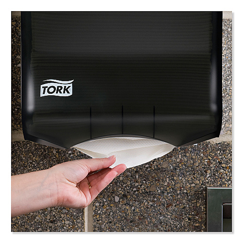 Tork Xpress Countertop Multifold Hand Towel Dispenser, Black, H2-302028 + Tork Multifold Hand Towel, White, H2, 100% Recycled Fibers, 1-Ply, 100% Recycled Fibers, 1-Ply, 16 x 250 Sheets