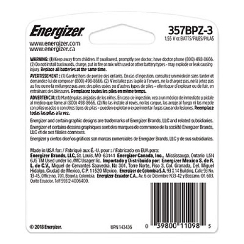 Energizer 357/303 Silver Oxide Button Cell Battery, 1.5 V, 3/Pack For Multipurpose - 1.55 V DC - 3 / Pack (357BPZ3)