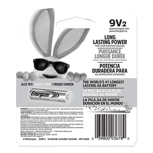 Energizer MAX Alkaline 9V Batteries, 2/Pack For Multipurpose - 9V - 595 mAh - 9 V DC - 2 / Pack (522BP2)