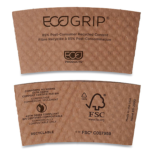 Eco-Products EcoGrip Hot Cup Sleeves - Renewable and Compostable, Fits 12, 16, 20, 24 oz Cups, Kraft, 1,300/Carton (EG2000) - 2 Pack