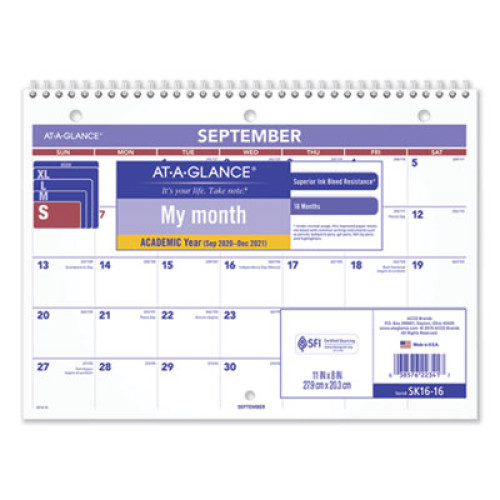 AT-A-GLANCE Wirebound Monthly Desk/Wall Calendar, 11 x 8, 2020-2021