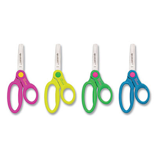 Westcott Scissor Caddy with Kids' Scissors, 5" Long, 2" Cut Length, Light Blue; Light Green; Pink; Red, Straight Handles, 24/Set 5" Overall Length - Left/Right - Stainless Steel - Blunted Tip - Assorted - 1 Each (14756)