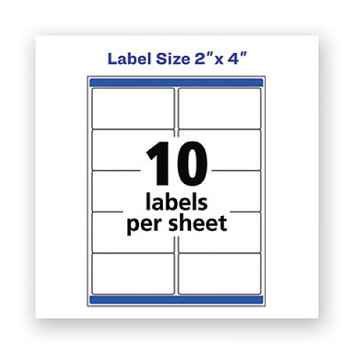 Avery Waterproof Shipping Labels with TrueBlock and Sure Feed, Laser Printers, 2 x 4, White, 10/Sheet, 500 Sheets/Box 2" Width x 4" Length - Permanent Adhesive - Rectangle - Laser - Matte White - Matte - Film - Permanent Adhesive, Durable, Stick & (95523)