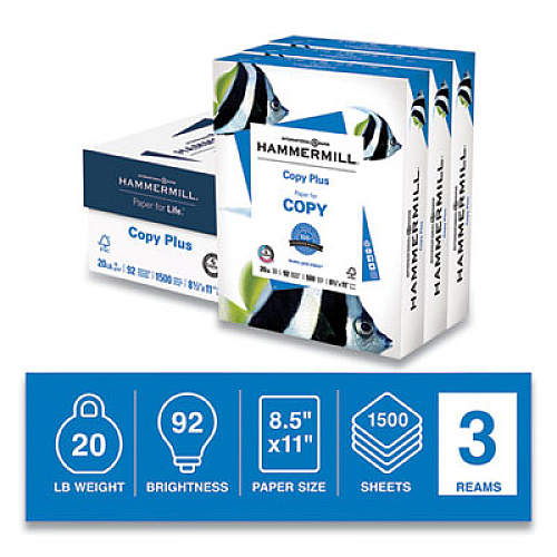Hammermill Copy Plus Print Paper, 92 Bright, 20 lb Bond Weight, 8.5 x 11, White, 500 Sheets/Ream, 3 Reams/Carton (105040)