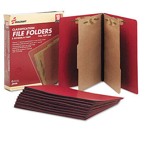 AbilityOne 7530015567917 SKILCRAFT Pressboard Top Tab Classification Folder, 2 Dividers, Letter Size, Dark Red, 10/Box