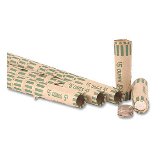 PAP-R Products Preformed Tubular Coin Wrappers, Dimes, $5, 1000 Wrappers/Box 10¢ Denomination - Durable, Burst Resistant, Crimped, Pre-formed - 57 lb Basis Weight - Paper - Green - 1000 / Box (23010)